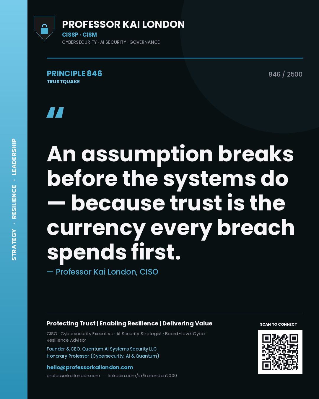 Quote card by Professor Kai London reading 'An assumption breaks before the systems do — because trust is the currency every breach spends first.'. From the book Trustquake.