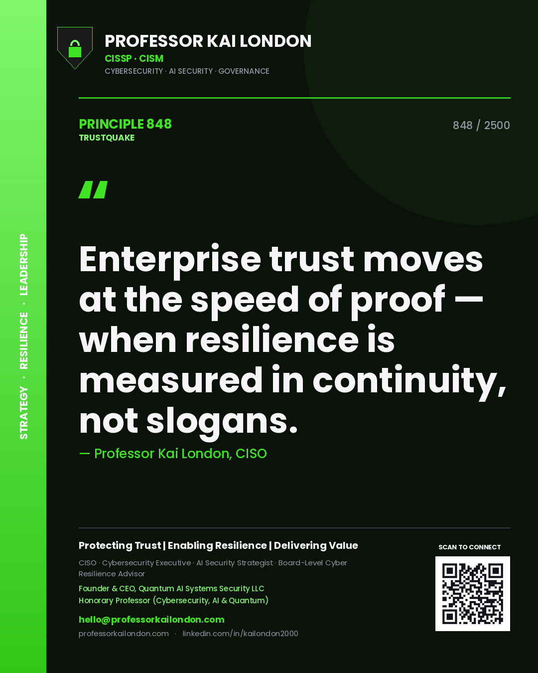 Professor Kai London principle 848: Enterprise trust moves at the speed of proof — when resilience is measured in continuity, not slogans.