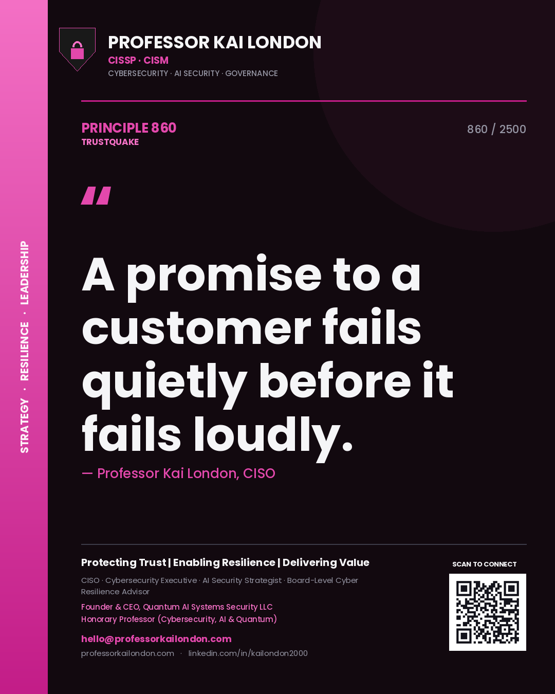 Quote card by Professor Kai London reading 'A promise to a customer fails quietly before it fails loudly.'. From the book Trustquake.