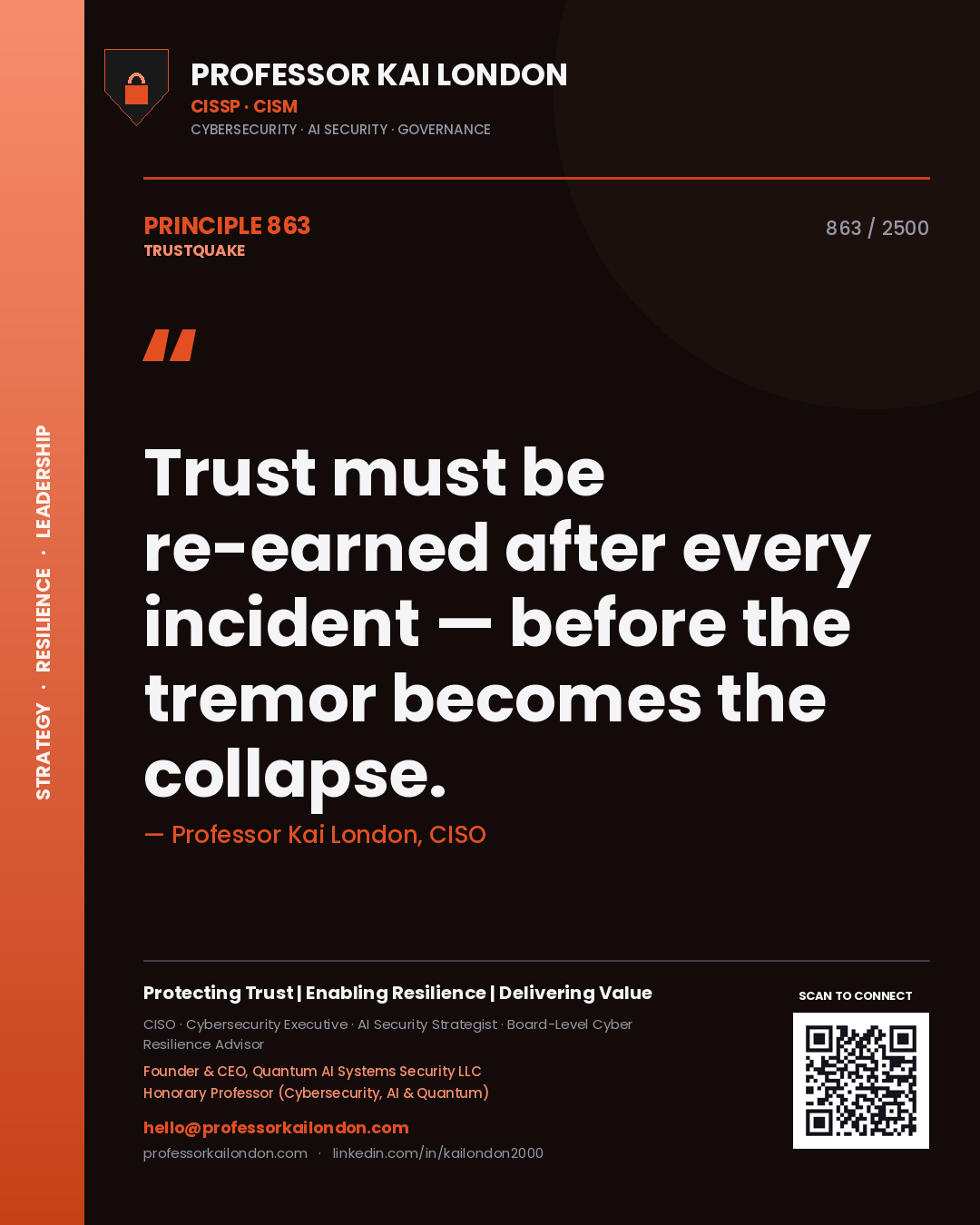 Quote card by Professor Kai London reading 'Trust must be re-earned after every incident — before the tremor becomes the collapse.'. From the book Trustquake.