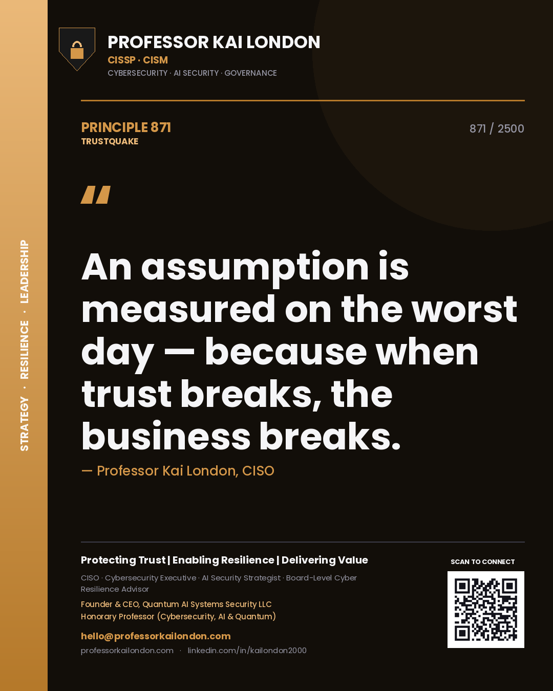 Quote card by Professor Kai London reading 'An assumption is measured on the worst day — because when trust breaks, the business breaks.'. From the book Trustquake.
