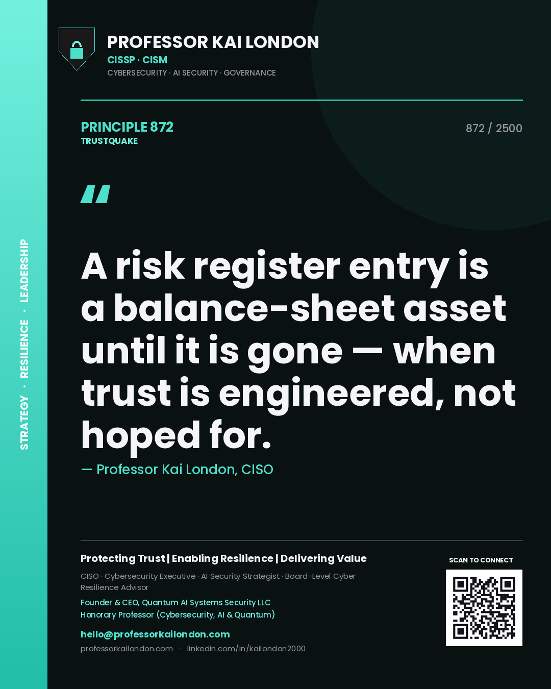 Professor Kai London principle 872: A risk register entry is a balance-sheet asset until it is gone — when trust is engineered, not hoped for.