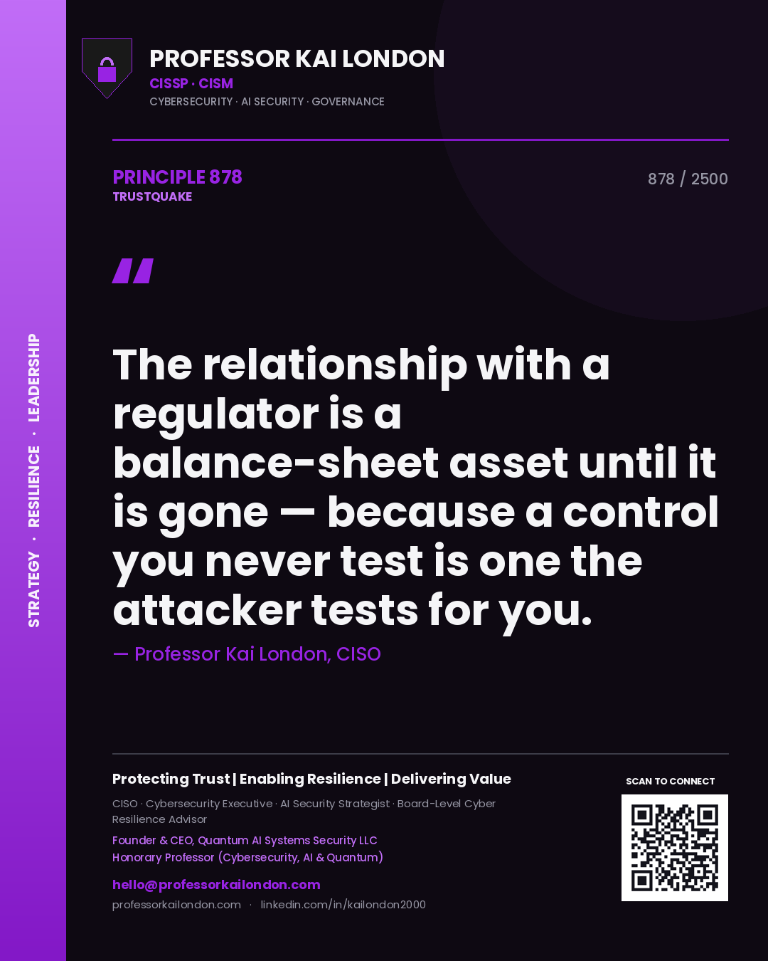 Quote card by Professor Kai London reading 'The relationship with a regulator is a balance-sheet asset until it is gone — because a control you never test is one the attacker tests for you.'. From the book Trustquake.