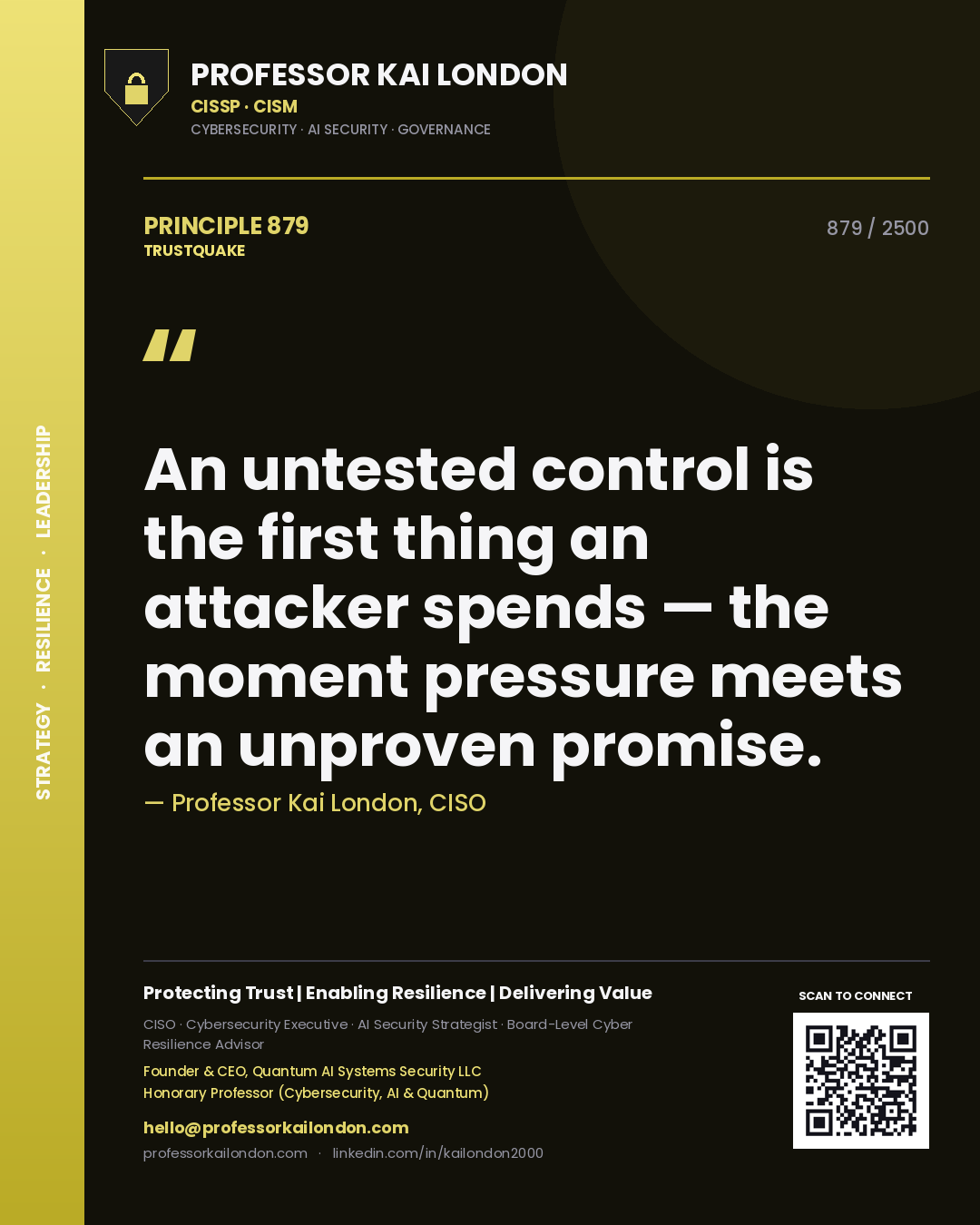 Quote card by Professor Kai London reading 'An untested control is the first thing an attacker spends — the moment pressure meets an unproven promise.'. From the book Trustquake.