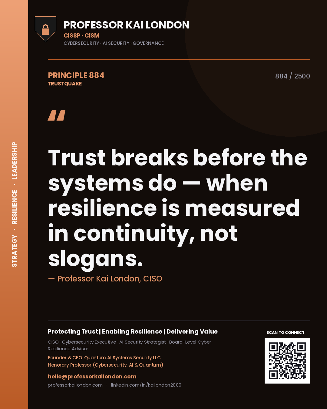 Quote card by Professor Kai London reading 'Trust breaks before the systems do — when resilience is measured in continuity, not slogans.'. From the book Trustquake.