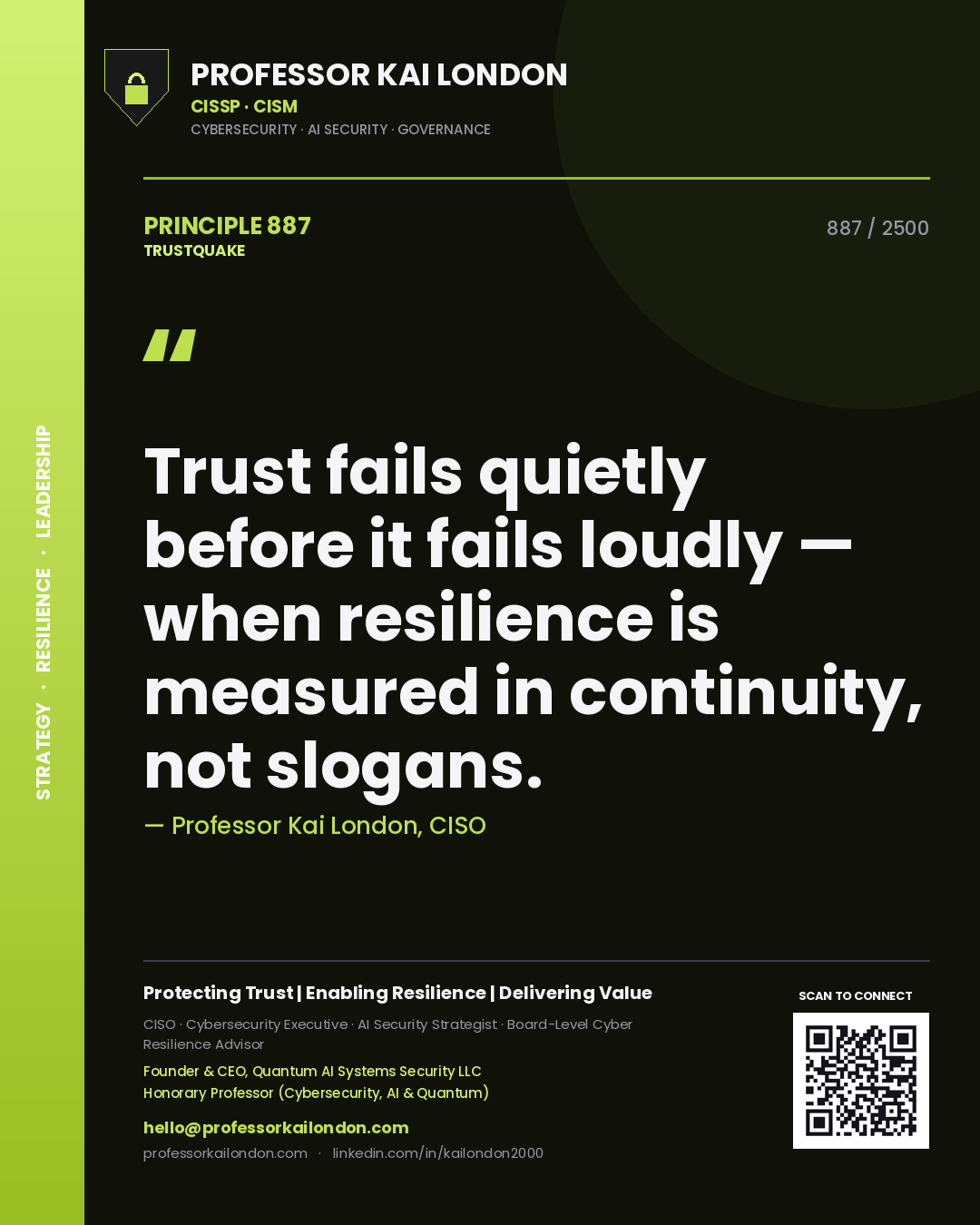 Professor Kai London principle 887: Trust fails quietly before it fails loudly — when resilience is measured in continuity, not slogans.