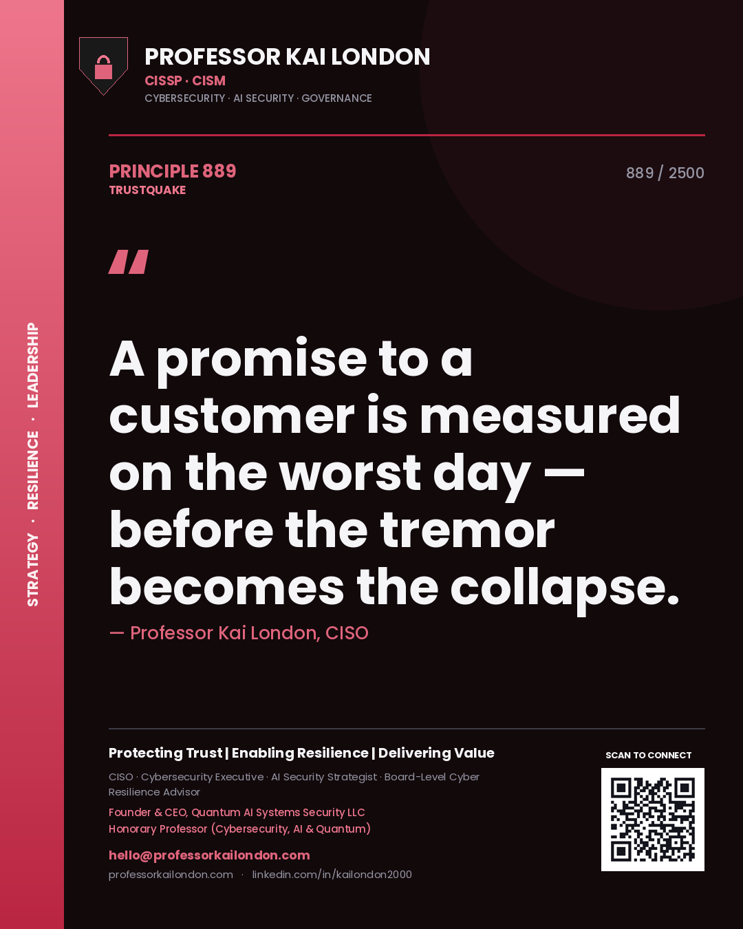 Professor Kai London principle 889: A promise to a customer is measured on the worst day — before the tremor becomes the collapse.