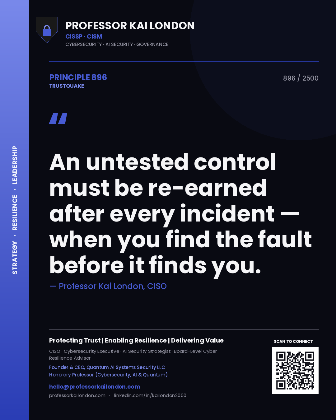 Quote card by Professor Kai London reading 'An untested control must be re-earned after every incident — when you find the fault before it finds you.'. From the book Trustquake.