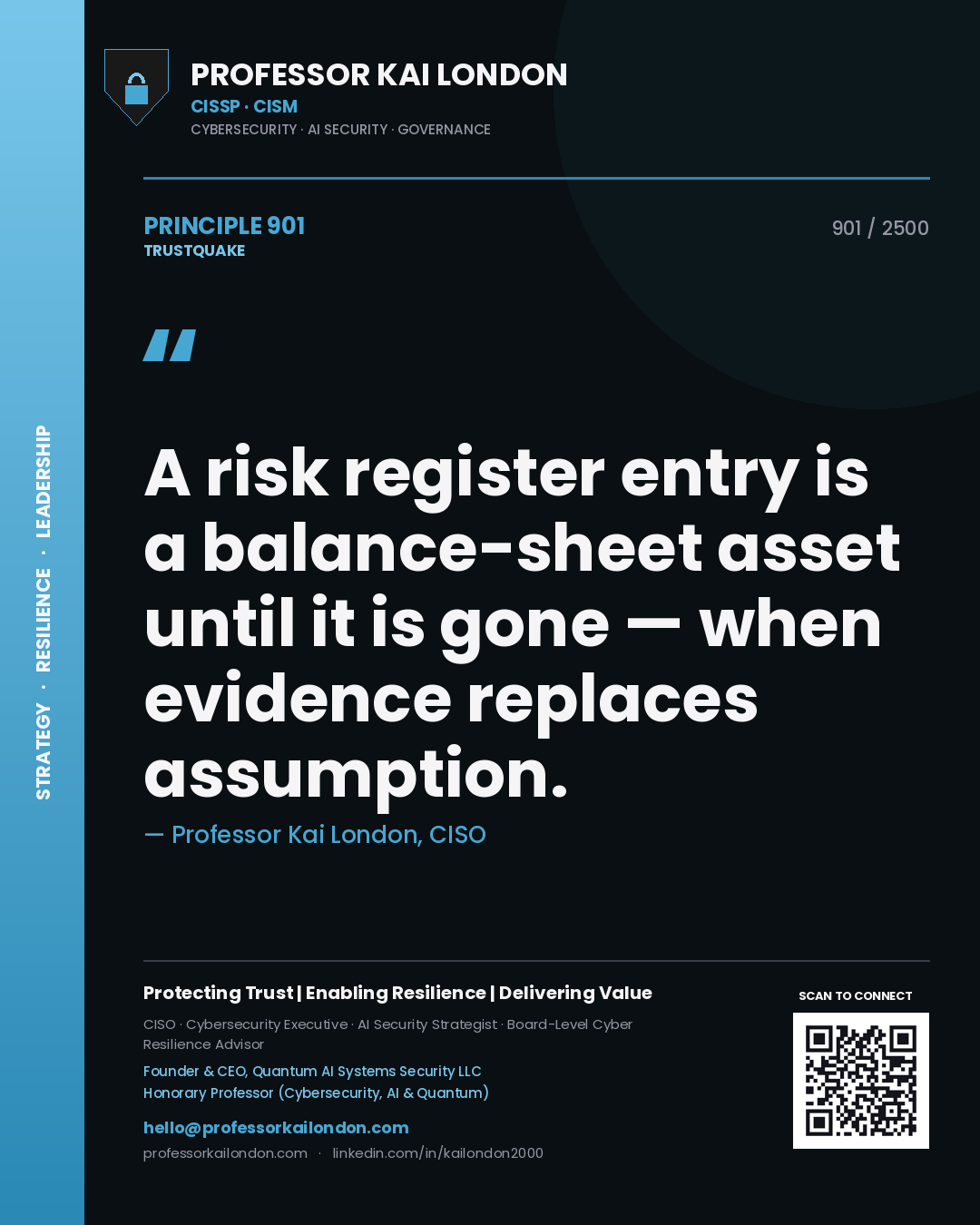 Professor Kai London principle 901: A risk register entry is a balance-sheet asset until it is gone — when evidence replaces assumption.