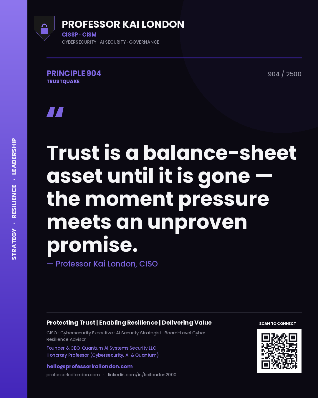 Quote card by Professor Kai London reading 'Trust is a balance-sheet asset until it is gone — the moment pressure meets an unproven promise.'. From the book Trustquake.