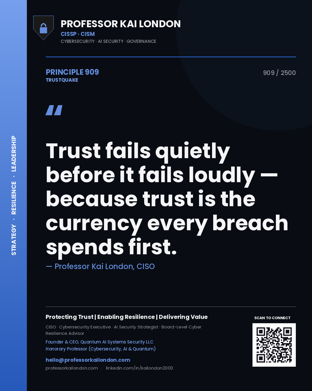 Quote card by Professor Kai London reading 'Trust fails quietly before it fails loudly — because trust is the currency every breach spends first.'. From the book Trustquake.