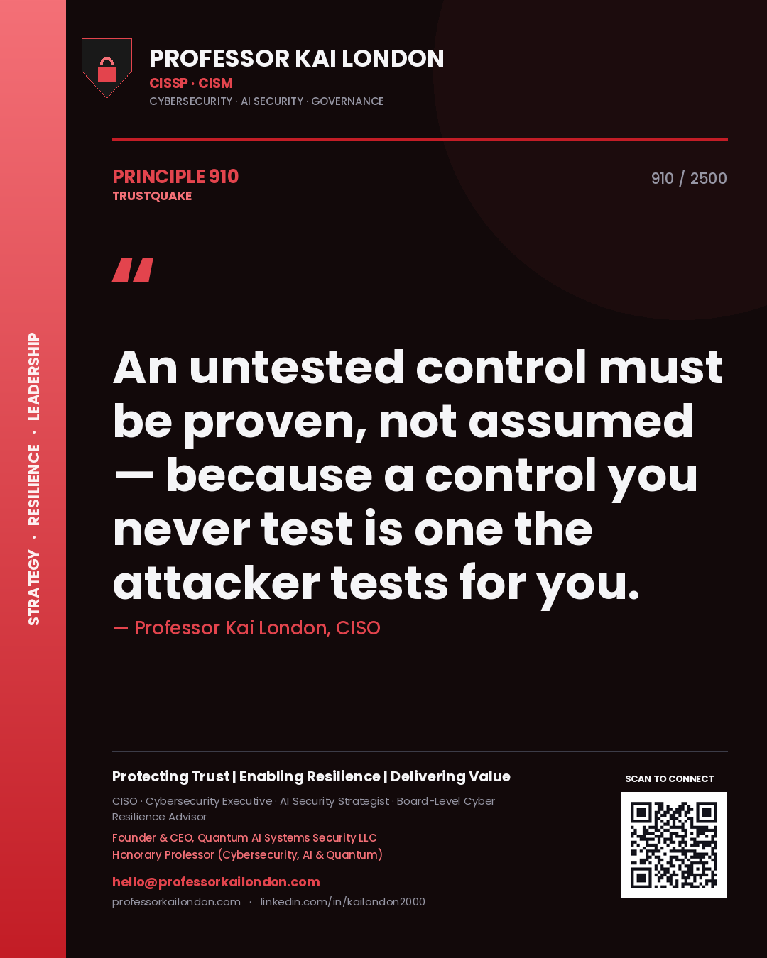 Quote card by Professor Kai London reading 'An untested control must be proven, not assumed — because a control you never test is one the attacker tests for you.'. From the book Trustquake.