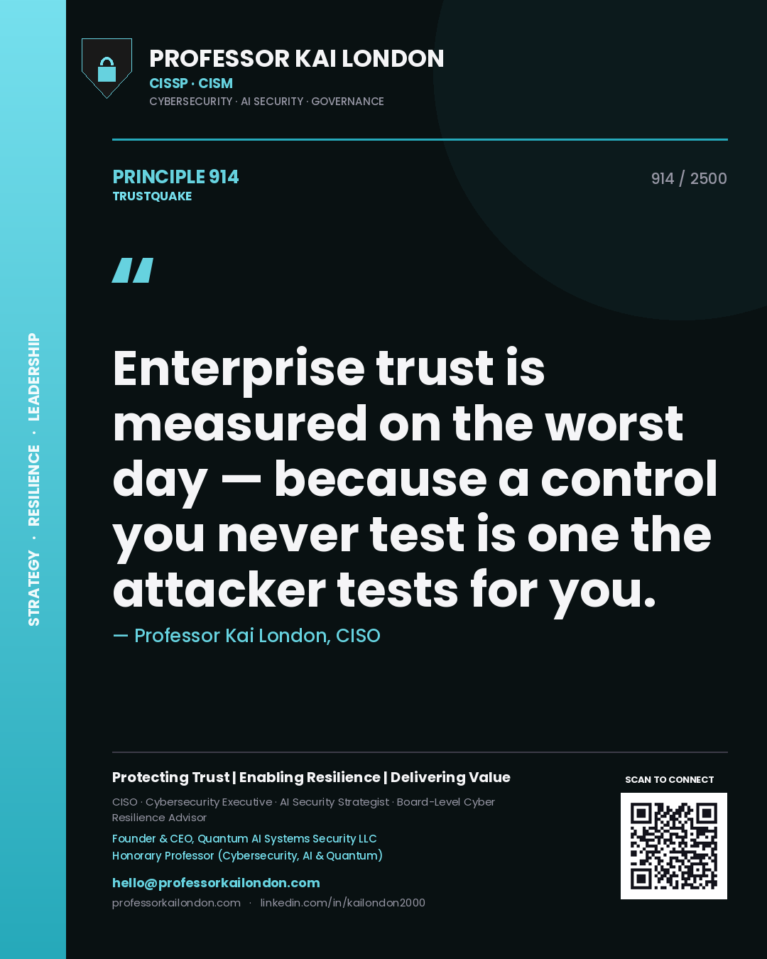 Quote card by Professor Kai London reading 'Enterprise trust is measured on the worst day — because a control you never test is one the attacker tests for you.'. From the book Trustquake.
