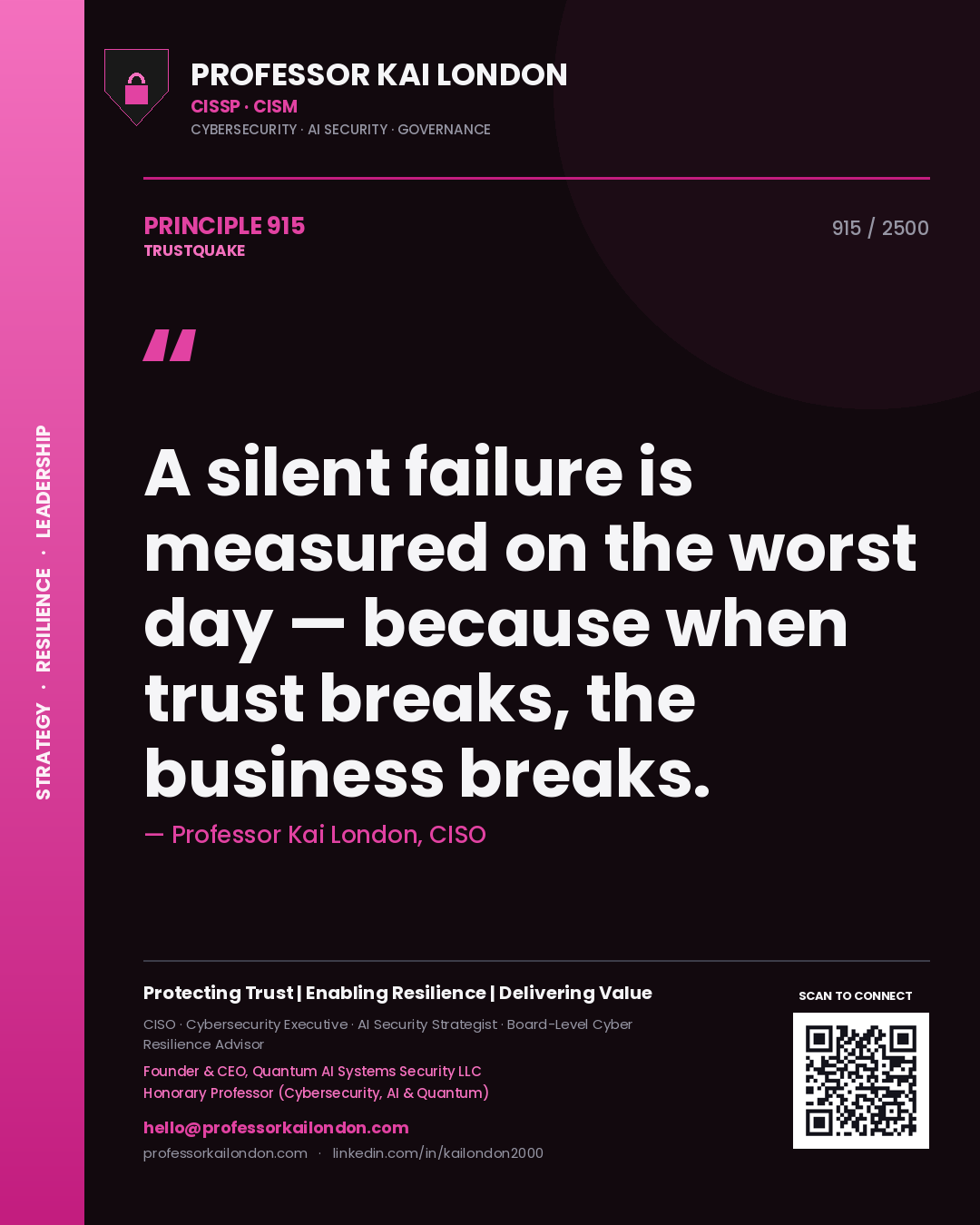 Quote card by Professor Kai London reading 'A silent failure is measured on the worst day — because when trust breaks, the business breaks.'. From the book Trustquake.
