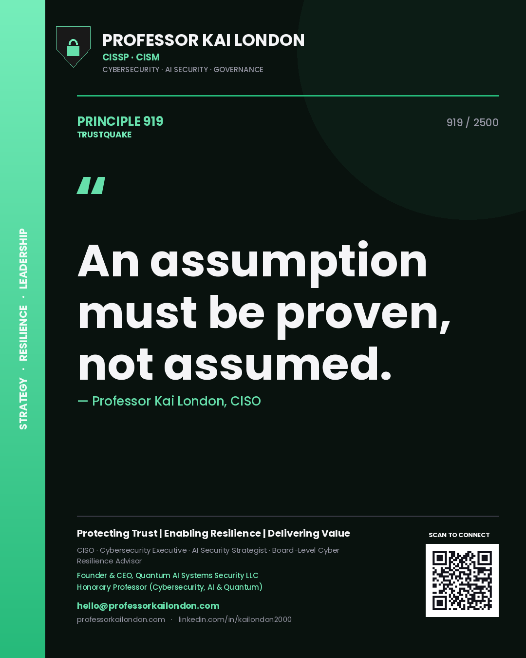 Quote card by Professor Kai London reading 'An assumption must be proven, not assumed.'. From the book Trustquake.