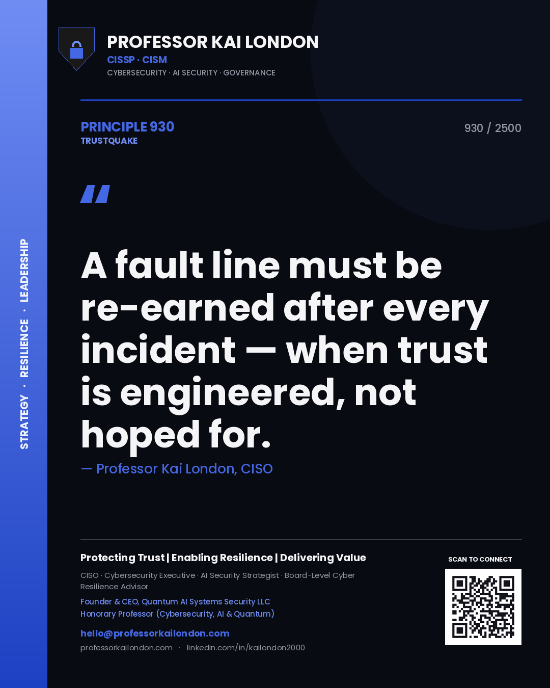 Professor Kai London principle 930: A fault line must be re-earned after every incident — when trust is engineered, not hoped for.