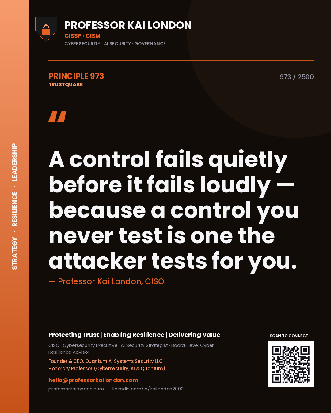 Professor Kai London principle 973: A control fails quietly before it fails loudly — because a control you never test is one the attacker tests for you.