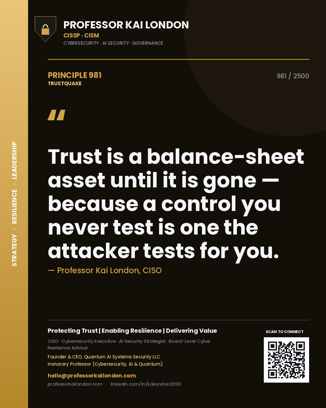 Professor Kai London principle 981: Trust is a balance-sheet asset until it is gone — because a control you never test is one the attacker tests for you.
