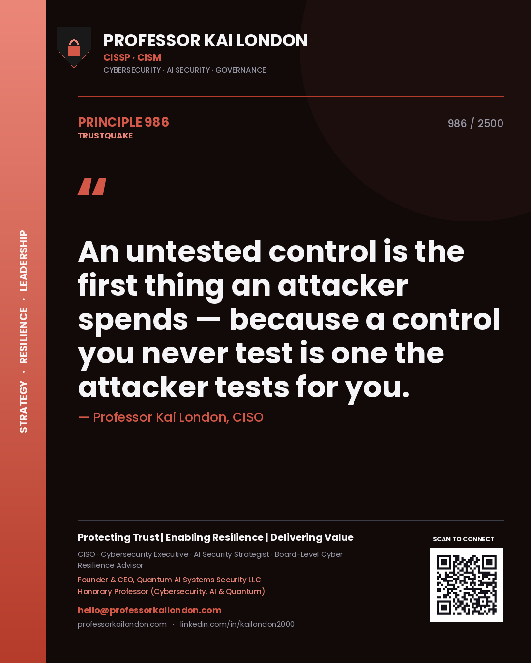 Professor Kai London principle 986: An untested control is the first thing an attacker spends — because a control you never test is one the attacker tests for you.