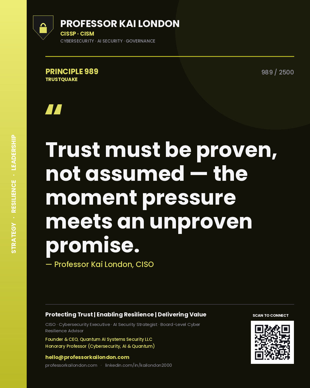 Quote card by Professor Kai London reading 'Trust must be proven, not assumed — the moment pressure meets an unproven promise.'. From the book Trustquake.